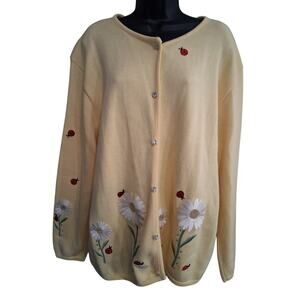 Vintage Tia Designs Cardigan 1X Floral LadyBug Embroidery Grandma Cottage (Flaw)